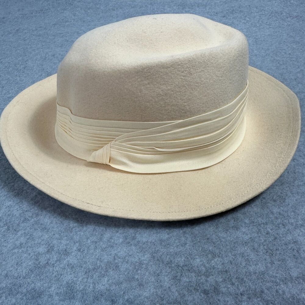 Vintage Women's ARLIN Ivory 100% WOOL Hat Fedora Ribbon Bow USA Made